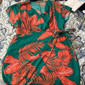 SHEIN Green and Orange Leaf Midi Dress